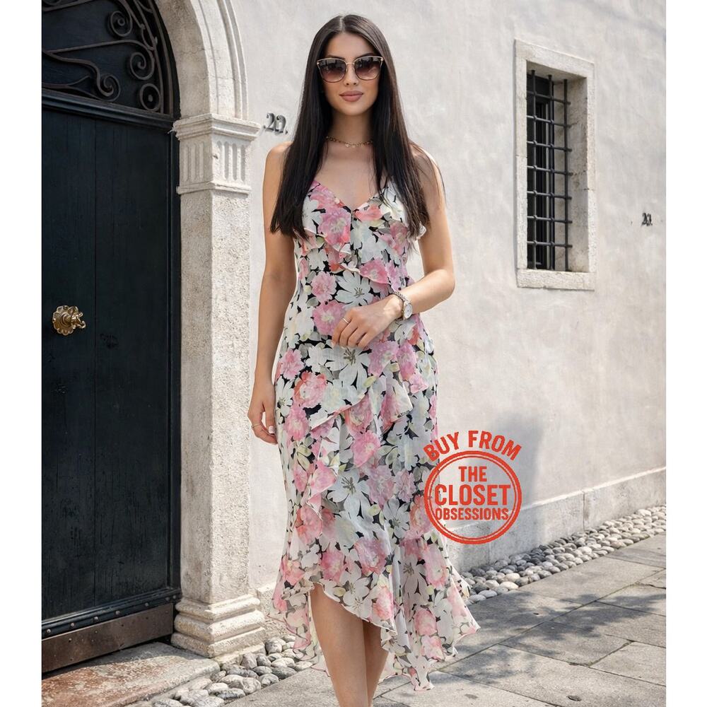 Zara NWT Floral Ruffle Asymmetrical High Low Strappy Midi Dress M - Picture 5 of 16